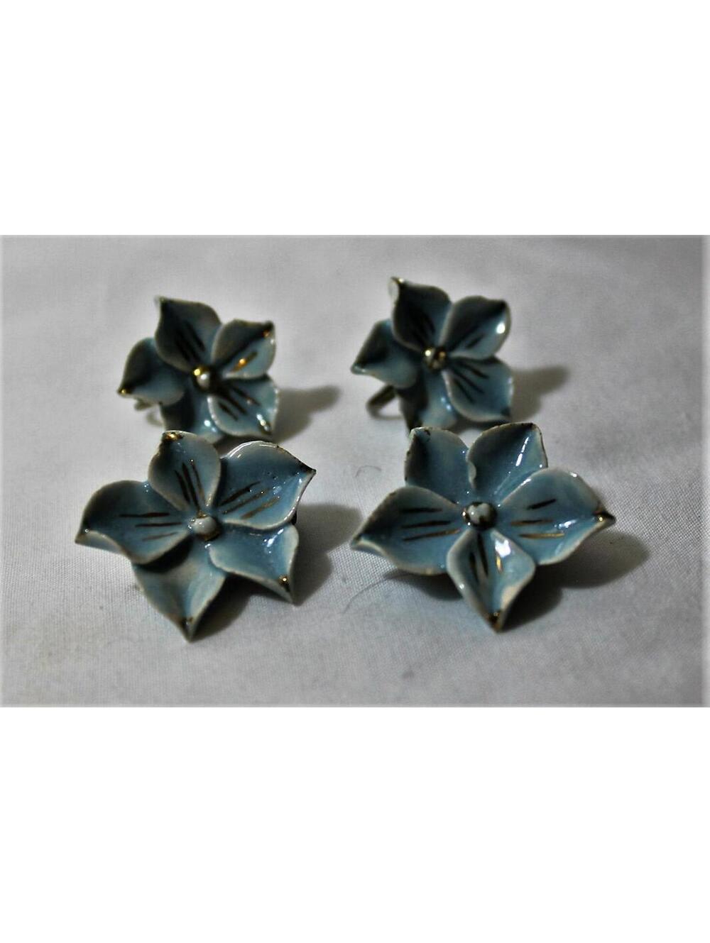 Vintage Hand Painted Porcelain Blue Flower Brooches and Screwback Earrings